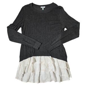 Susina Nordstrom Women Medium Sweater Gray Thin Knit Layered Ruffle Blouse Trim